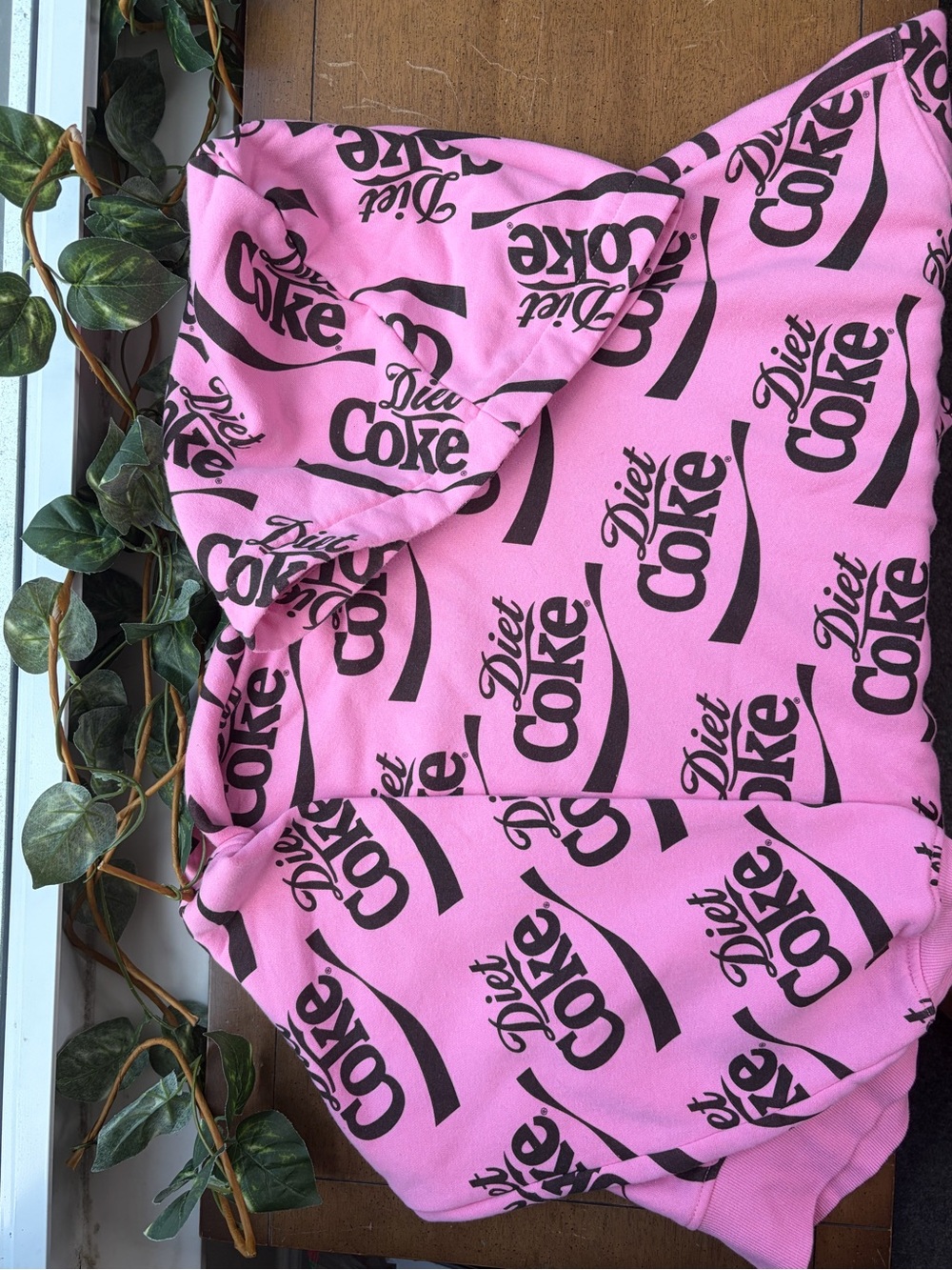 Diet Coke Pink Allover Logo Hoodie Cropped Pullover Sweatshirt